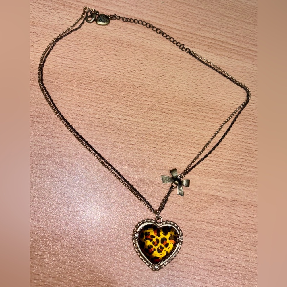 Betsey Johnson Leopard Heart Necklace with Bow
